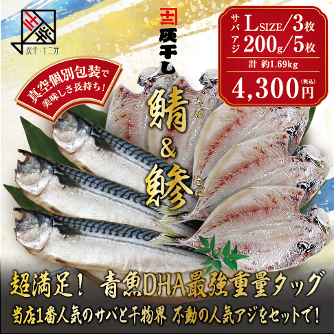灰干しサバL3枚+アジ5枚セット